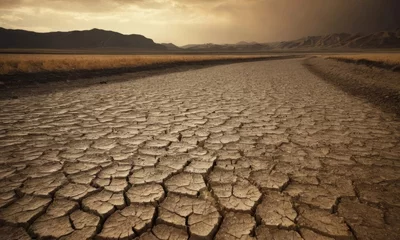 Poster global warming, rivers have dried up, the sun is blazing and the earth is scorching, cracked by drought © Andrey