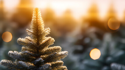 Christmas background with pine branches and bokeh lights - obrazy, fototapety, plakaty