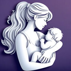 Mother with baby, paper cut illustration, isolated on purple background, Mother's Day, Mother Love Child
