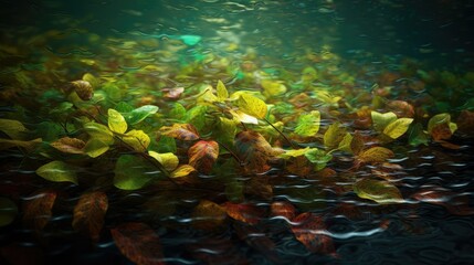 Fototapeta na wymiar Aquatic plant leaves drifting in underwater environment