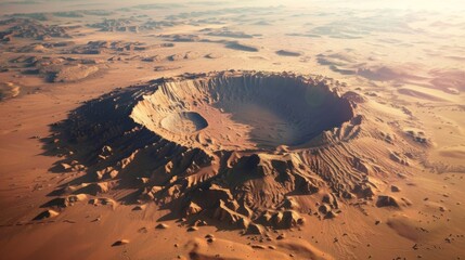 In a desolate desert landscape a massive crater serves as a reminder of the immense power of a meteorite impact. - obrazy, fototapety, plakaty