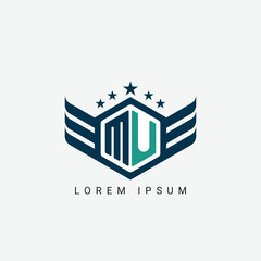 Alphabet letter MU, UM, M, U logo hexagon shape concept with wings ornament silhouette