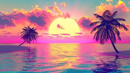 "Sunset over tropical beach with palm trees and vibrant sky. Digital art landscape illustration with copy space. Summer travel and vacation concept. Design for poster, wallpaper, banner."