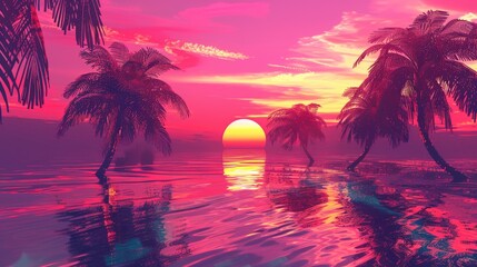 "Tropical sunset with palm trees reflection on water. Vibrant digital art illustration for travel and leisure concept. Design for poster, wallpaper, banner."