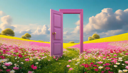  An open door in flower field scene. rendering. Spring background