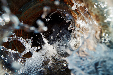 An abstract image of a water leak in a pipe, with water spraying out in all directions.