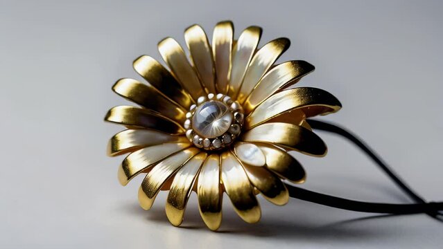 Gemstones embedded in a gold and white flower brooch shine brilliantly.
