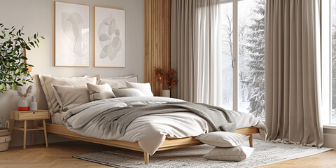 Cozy Scandinavian Bedroom with Snowy Window View
