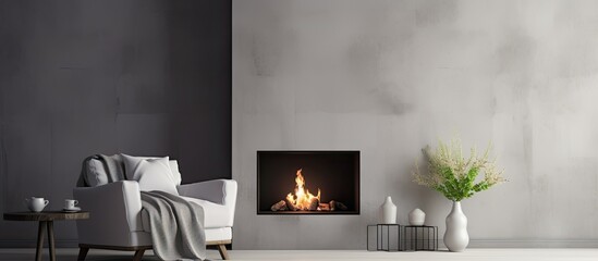 A cozy living room ambiance featuring a white chair placed beside a crackling fireplace