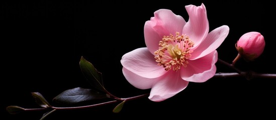 An elegant and delicate pink flower isolated on a dark black background, highlighting its vibrant color and intricate petals - obrazy, fototapety, plakaty