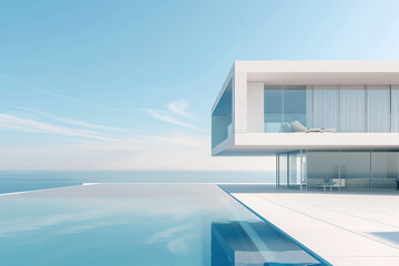Exterior of modern minimalist white villa with swimming pool. Rich house with square shapes.