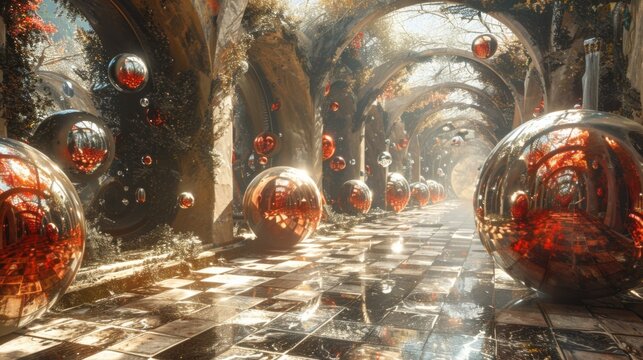 A surreal environment where the laws of physics seem to bend with abstract objects floating through space and overlapping with one another reflecting the complexities of the