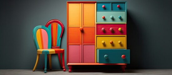 A vibrant dresser with multiple drawers in various colors is placed next to a matching chair in a contemporary room setting