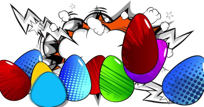 Cartoon Easter, comic book eggs video. Retro comics pop art design animation.