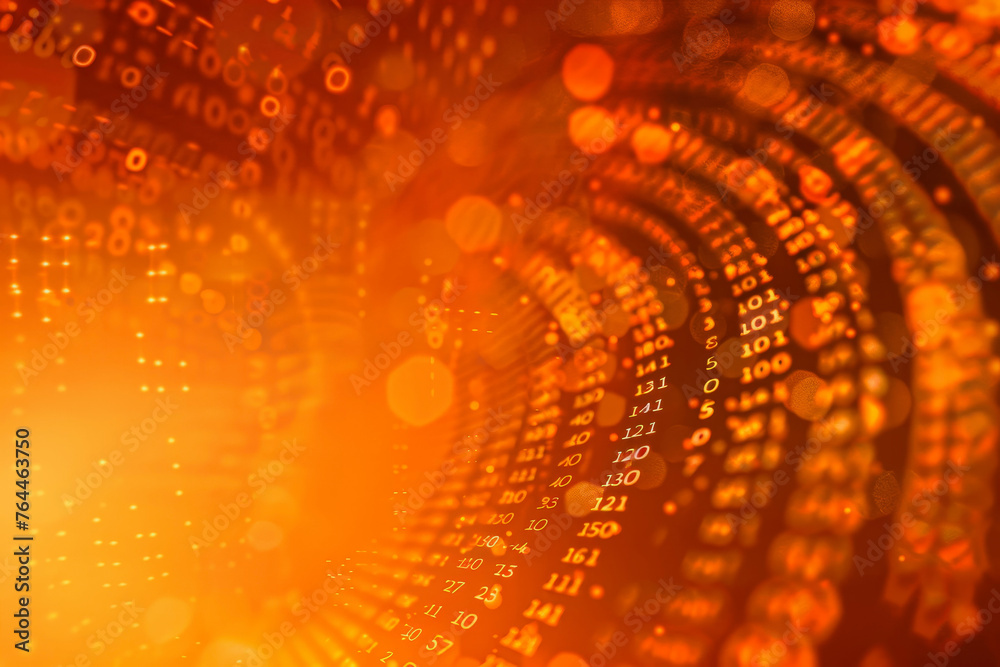 Poster a abstract background with a orange shade, a radial blur, a ascii code, and a retro font