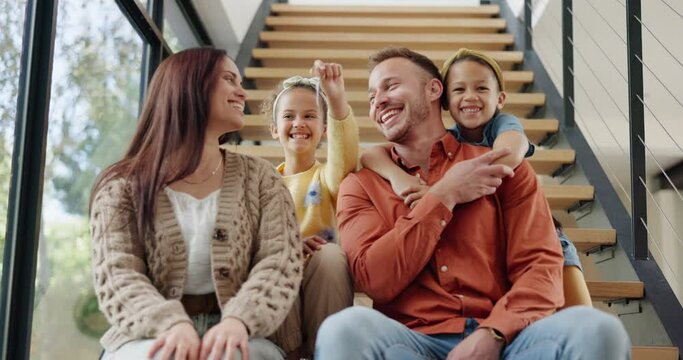 Face, house keys or interracial family hug on stairs with love, security or investment success in new home. Real estate, mortgage or portrait of kids with parents in property, rental or relocation