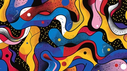 A colorful abstract wavy pattern exhibits playful cartooning, organic and fluid movements, bold primary colors, and graphic black outlines.