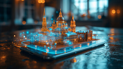 An intricate augmented reality display of a cityscape projects from a smartphone, blending digital innovation with urban architecture