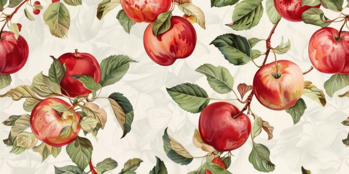 A white design features red apples, embodying vintage modernism with light pink and beige details.