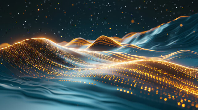 A golden wave traverses a mountain and snow, featuring elements of net art, futurism, and luminous spheres.