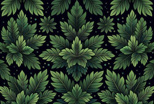 A leafy green and black damask pattern features dark emerald and cyan tones, flat backgrounds, cartoonish motifs, and flowing draperies.