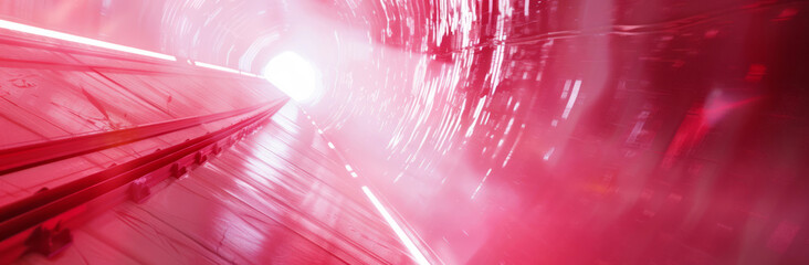 A red light illuminates a futuristic space, featuring glitchcore, traincore, and a frontal perspective.