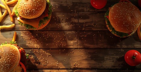 Burgers and fries rest atop a wooden table, showcasing panel composition mastery in red and amber. - obrazy, fototapety, plakaty