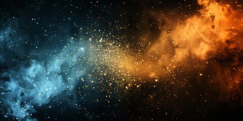 Gold gradients, yellow and blue glitter, and dust particles create a cosmic abstraction in dark cyan, light black, light silver, and orange.