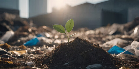 Sprouting seedling plant growing in the hopes around pollution and trash. - obrazy, fototapety, plakaty