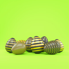 3d render of 8 black and gold easter eggs on green background - vacation concept.