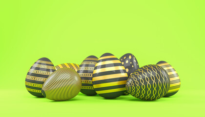 3d render of 8 black and gold easter eggs on green background - vacation concept.