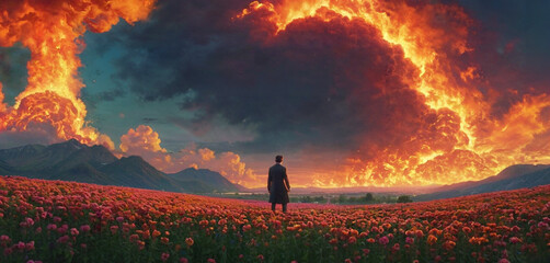 A man alone in flower field. Concept art of sadness