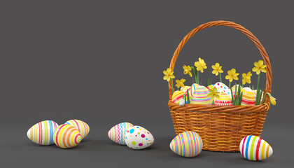 3d Rendering - Osterkorb mit bunten Ostereiern auf schwarzen Hintergrund. - Urlaub - Ostern - Ferien
