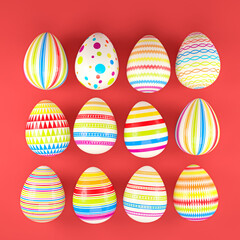 3d render of 12 colorful easter eggs on red background - vacation concept.