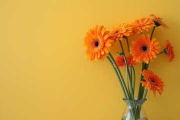A composition of orange gerberas and green stems, arranged in a clear vase on a yellow wall.