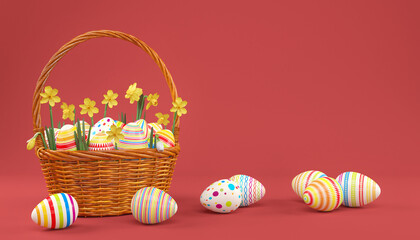 3d Rendering - Osterkorb mit bunten Ostereiern auf roten Hintergrund. - Urlaub - Ostern - Ferien