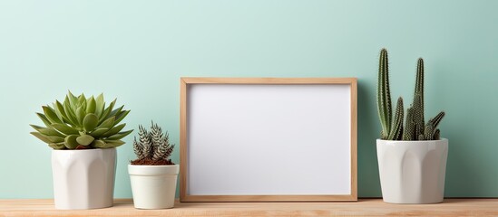 A rectangular wooden frame filled with various species of succulent and cactus plants, creating a natural and vibrant display