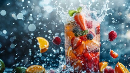 Fresh fruit cocktail in freeze motion splashing, close-up. --ar 16:9 Job ID: d8417592-d849-4afe-8e03-1ae0dface024