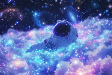 Astronaut drifting in colorful galaxy - obrazy, fototapety, plakaty