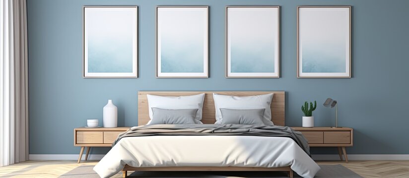 A digitally created room showcasing a comfortable bed, a nightstand, and three framed images on the wall
