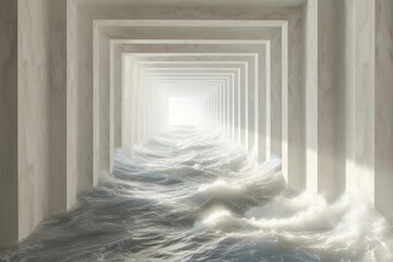a great fantasy white corridor in the middle of the sea surrounded by waves - obrazy, fototapety, plakaty