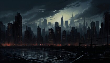 post-apocalyptic, post-war, gloomy, ruined city scene