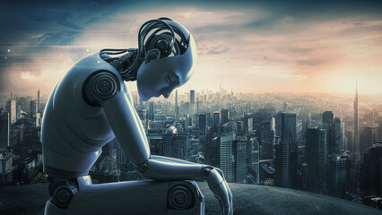 A poignant illustration of a humanoid robot. - obrazy, fototapety, plakaty