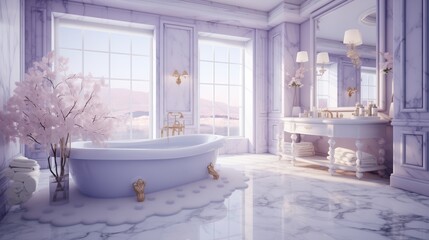 Luxurious and poetic white bathroom with flowers and windows overlooking the outside - obrazy, fototapety, plakaty