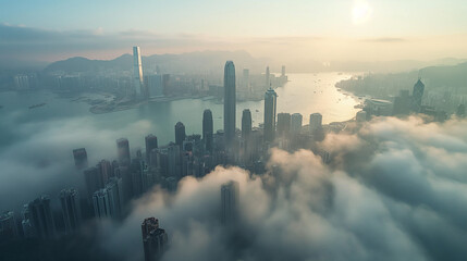 Aerial view of Hong Kong shrouded in mist, captured in the essence of Documentary and Magazine...