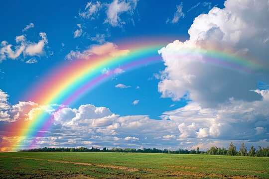 A photo of a colorful rainbow, spanning a sky and a field. It is shining with hues and tones, and contrasting with the green and the blue.