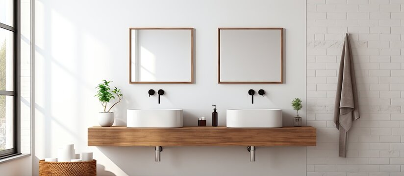 A contemporary bathroom featuring a pair of sinks and a reflecting mirror, providing a sleek and functional design