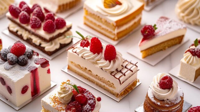 confectionery, cakes, pastries with cream and marzipan