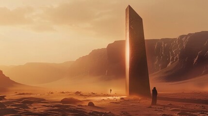 Mysterious space traveler and high-tech alien tower in the desert - obrazy, fototapety, plakaty