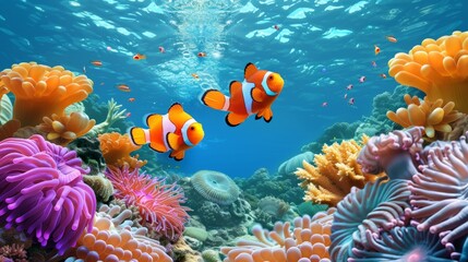 Cute anemone fish playing on the coral reef, beautiful color clownfish on coral reefs, anemones on tropical coral reefs